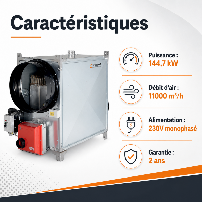 Sovelor Generateur d Air Chaud 144,7 kW sans Bruleur, Acier Galvanise, Sovelor Kobleo