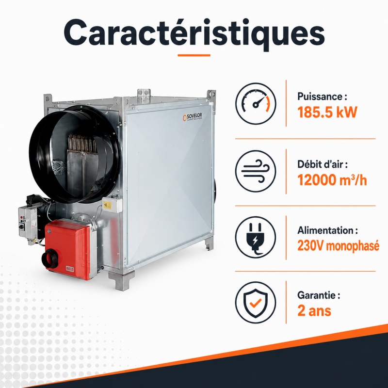 Sovelor Generateur d Air Chaud 185,5 kW sans Bruleur, Acier Galvanise, Sovelor Kobleo