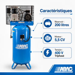 ABAC Compresseur d'air pistons ABAC vertical bi-étagés 400V Tri 55CV 200L Kobleo