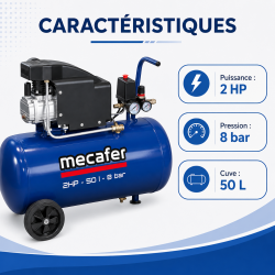 Mecafer Compresseur Lubrifie a Piston 2 HP 8 bar Cuve de 50 L Compact, Mecafer Kobleo