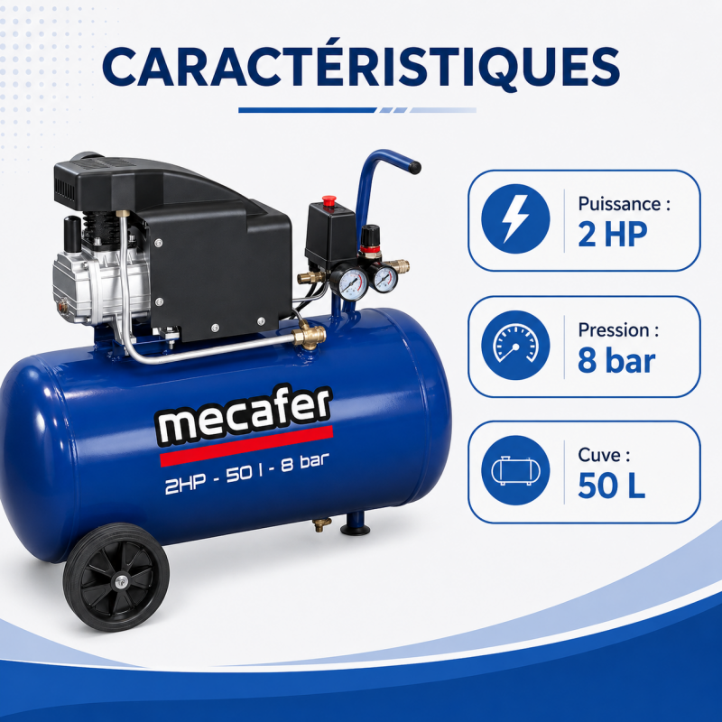 Mecafer Compresseur Lubrifie a Piston 2 HP 8 bar Cuve de 50 L Compact, Mecafer Kobleo
