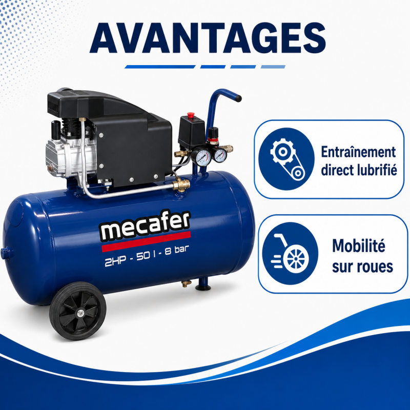 Mecafer Compresseur Lubrifie a Piston 2 HP 8 bar Cuve de 50 L Compact, Mecafer Kobleo