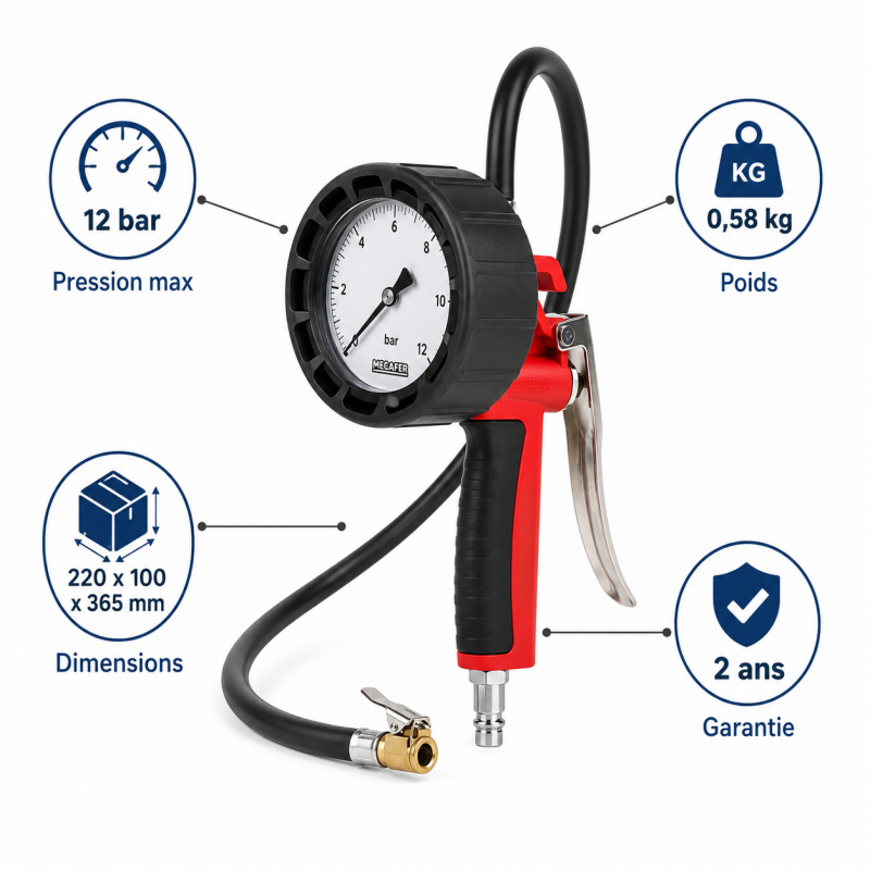 Mecafer Poignee de Gonflage Pneumatique Pro 12 bar Poids 0.58 kg, Mecafer Kobleo