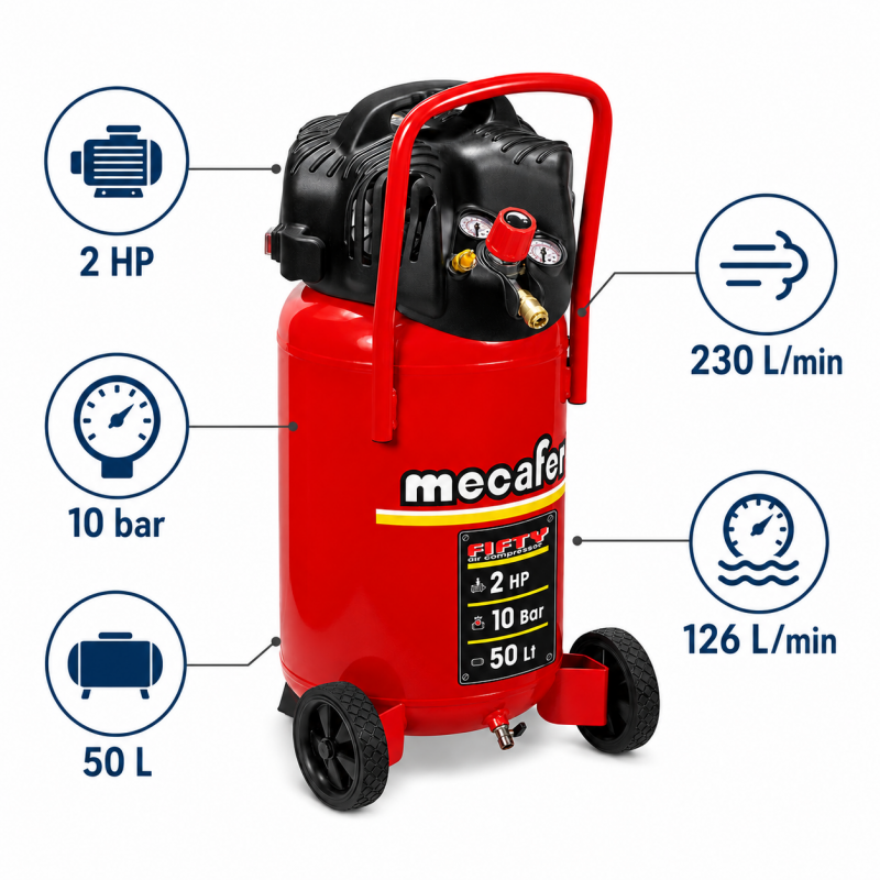 Mecafer Compresseur 2 HP 10 bar Cuve de 50 L Aspiration 230 L par min, Mecafer Kobleo