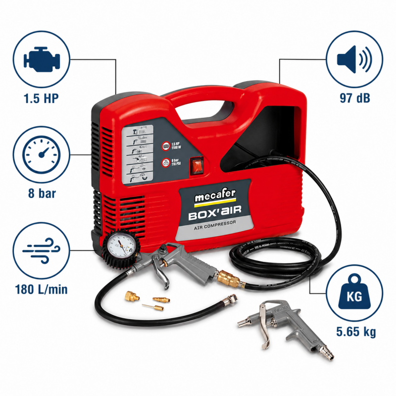 Mecafer Compresseur 1.5 HP 8 bar Debit 180 L par min Sonore 97 dB, Mecafer Kobleo