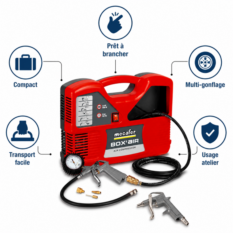 Mecafer Compresseur 1.5 HP 8 bar Debit 180 L par min Sonore 97 dB, Mecafer Kobleo