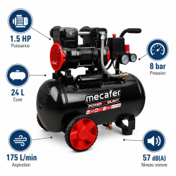 Mecafer Compresseur Silencieux 1.5 HP 8 bar Cuve de 24L Sans Huile, Mecafer Kobleo