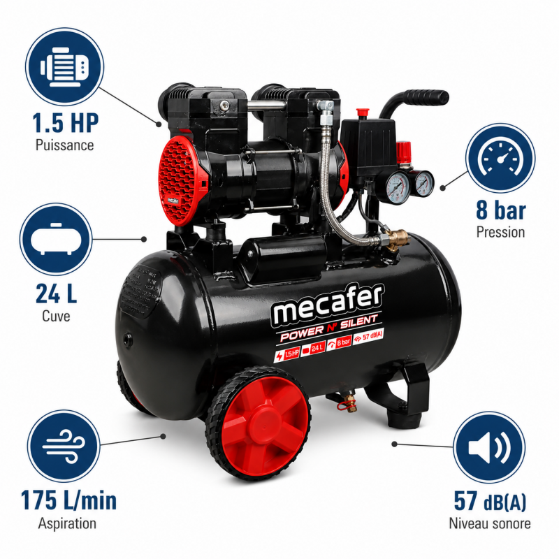 Mecafer Compresseur Silencieux 1.5 HP 8 bar Cuve de 24L Sans Huile, Mecafer Kobleo