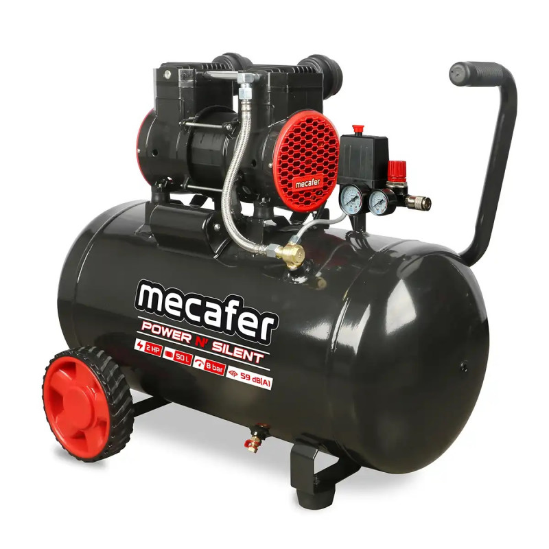 Mecafer Compresseur Silencieux 2 HP 8 bar Cuve de 50 L Sans Huile, Mecafer Kobleo