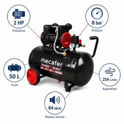 Mecafer Compresseur Silencieux 2 HP 8 bar Cuve de 50 L Sans Huile, Mecafer Kobleo