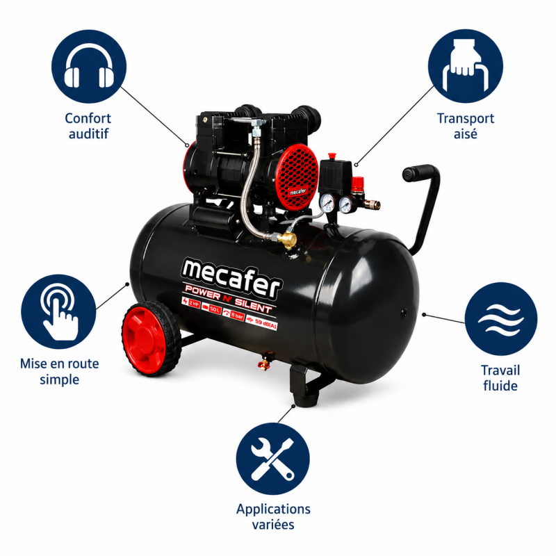 Mecafer Compresseur Silencieux 2 HP 8 bar Cuve de 50 L Sans Huile, Mecafer Kobleo