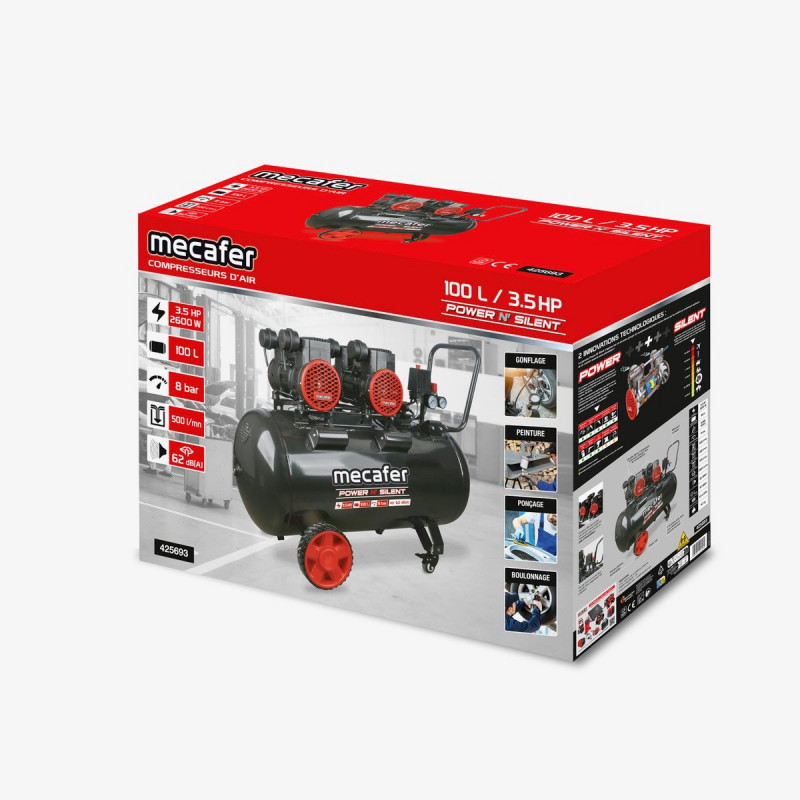 Mecafer Compresseur Silencieux 3.5 HP 8 bar Cuve de 100 L Sans Huile, Mecafer Kobleo