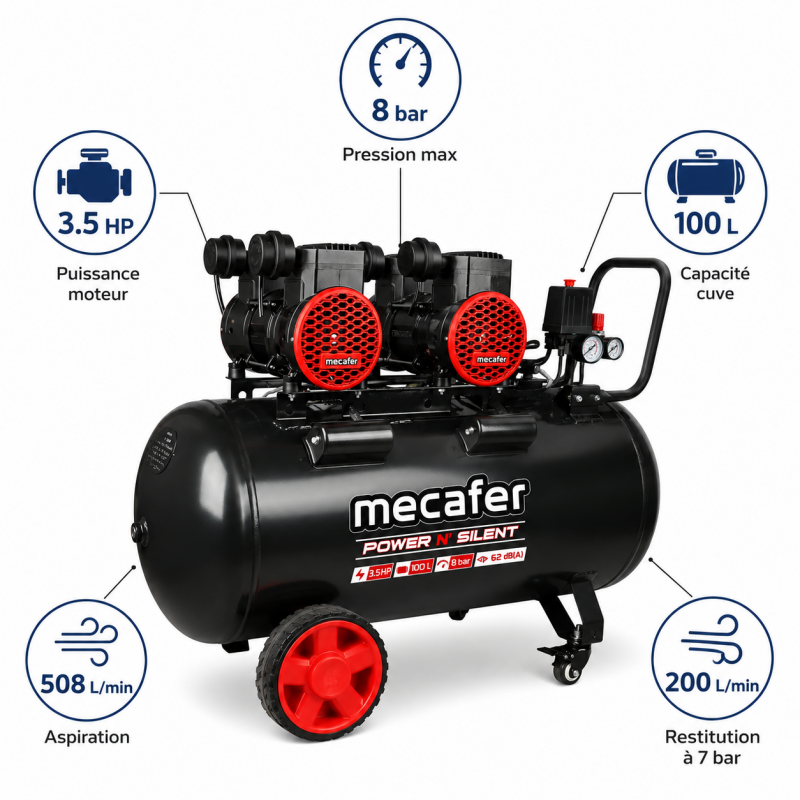 Mecafer Compresseur Silencieux 3.5 HP 8 bar Cuve de 100 L Sans Huile, Mecafer Kobleo
