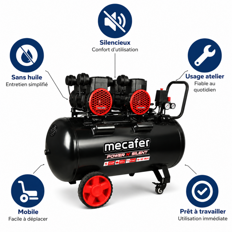 Mecafer Compresseur Silencieux 3.5 HP 8 bar Cuve de 100 L Sans Huile, Mecafer Kobleo