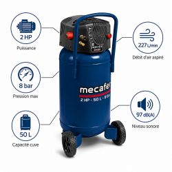 Mecafer Compresseur Vertical 2 HP 8 bar Cuve de 50 L Sonore 97 dB(A), Mecafer Kobleo