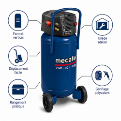 Mecafer Compresseur Vertical 2 HP 8 bar Cuve de 50 L Sonore 97 dB(A), Mecafer Kobleo