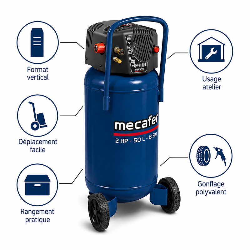 Mecafer Compresseur Vertical 2 HP 8 bar Cuve de 50 L Sonore 97 dB(A), Mecafer Kobleo