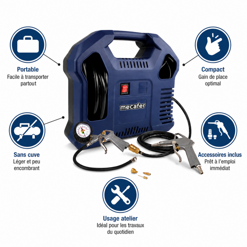 Mecafer Compresseur Portable Sans Cuve 1.5 HP 8 bar Sonore 97 dB(A), Mecafer Kobleo