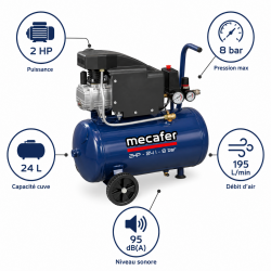 Mecafer Compresseur Horizontal 2 HP 8 bar Cuve de 24 L Lubrifie Leger, Mecafer Kobleo
