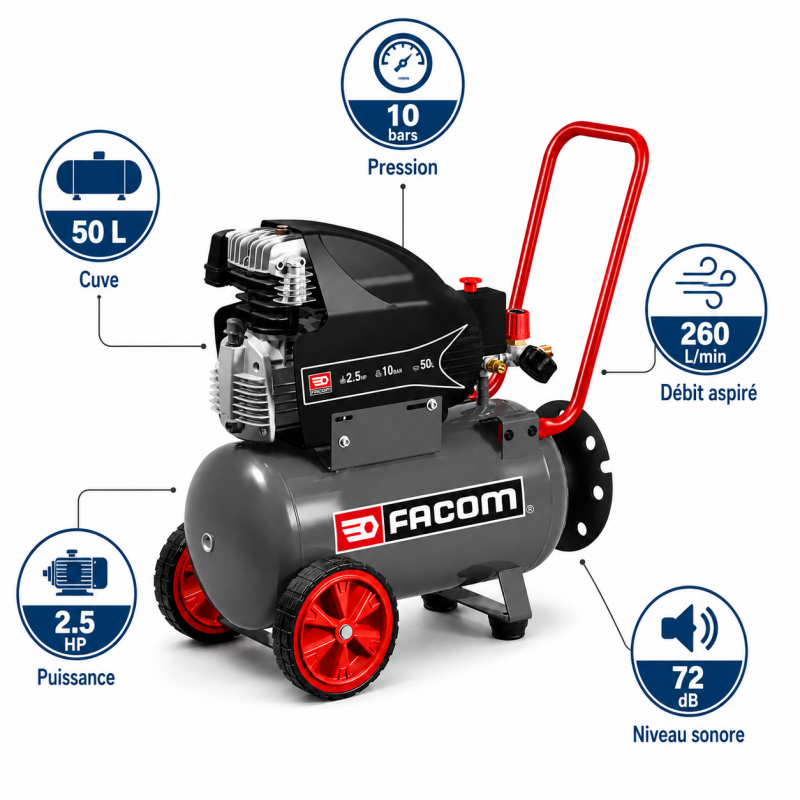 Mecafer Compresseur Pro Coaxial Lubrifie FACOM Cuve de 50 L 10 Bars, Mecafer Kobleo