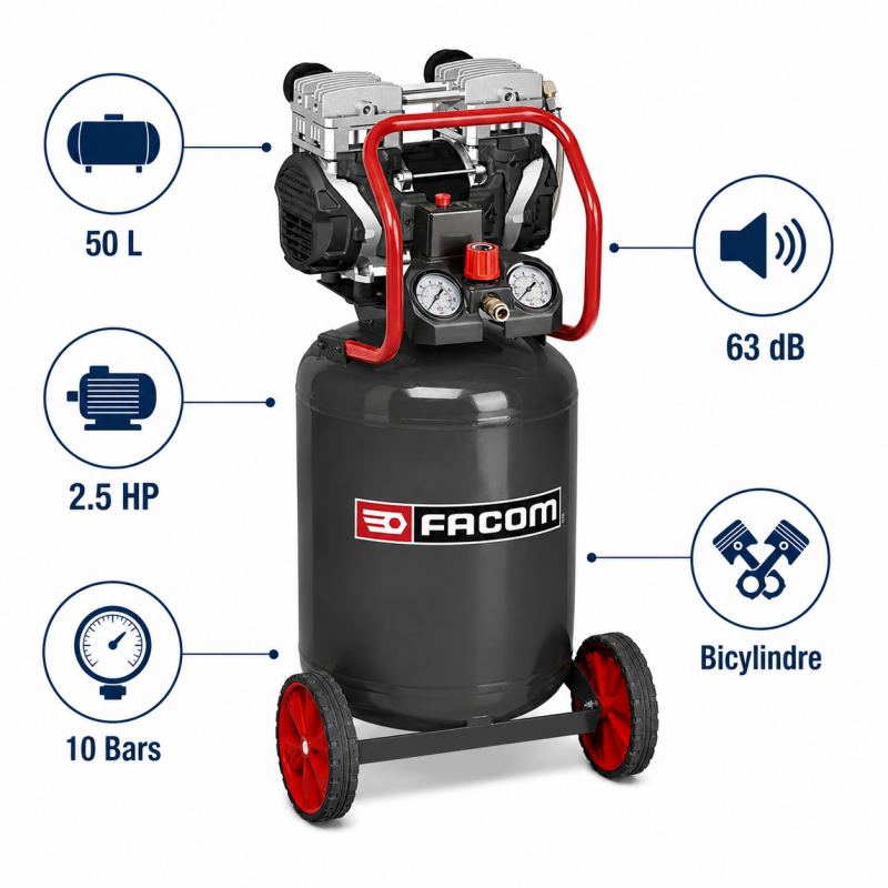 Mecafer Compresseur Vertical Silencieux FACOM Silver 50 L Brancard, Mecafer Kobleo