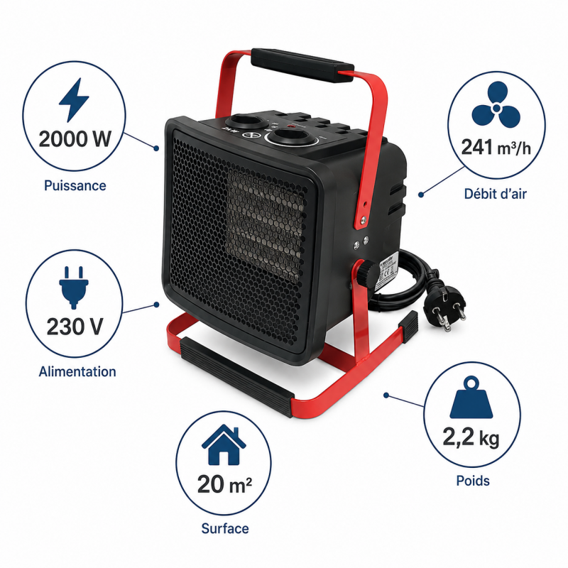 Chauffage de Chantier Ceramique 2000W Debit 241 m3 par h, Mecafer