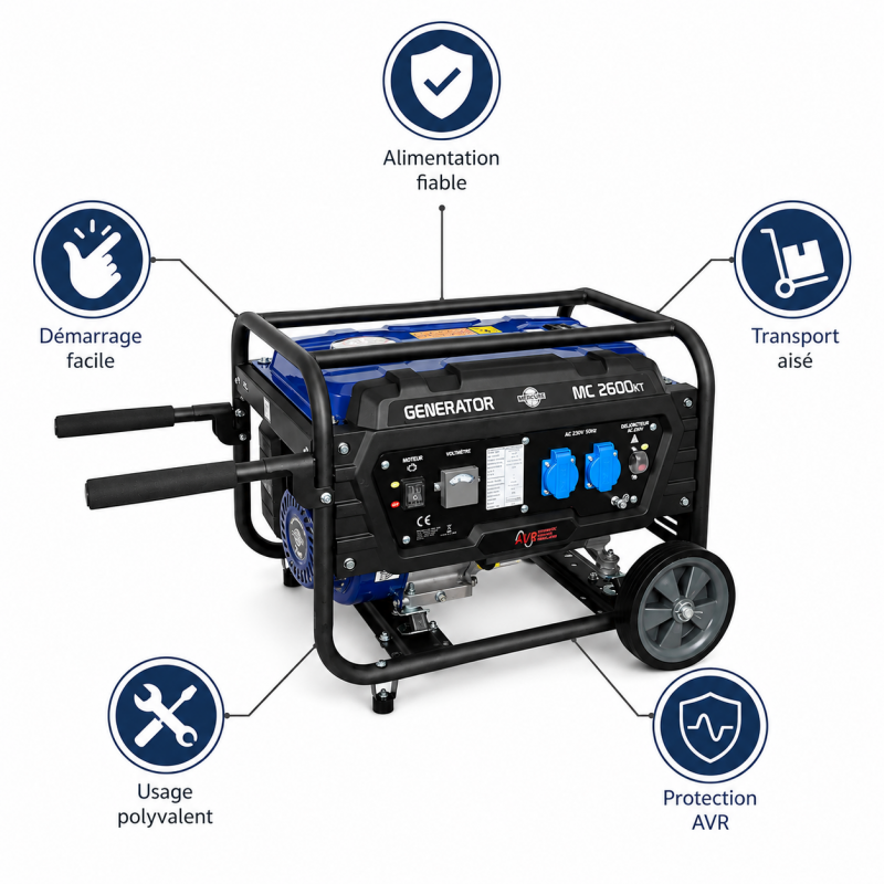 Mecafer Groupe Electrogene Essence 2500W AVR Reservoir de 15 L 96 dB, Mecafer Kobleo