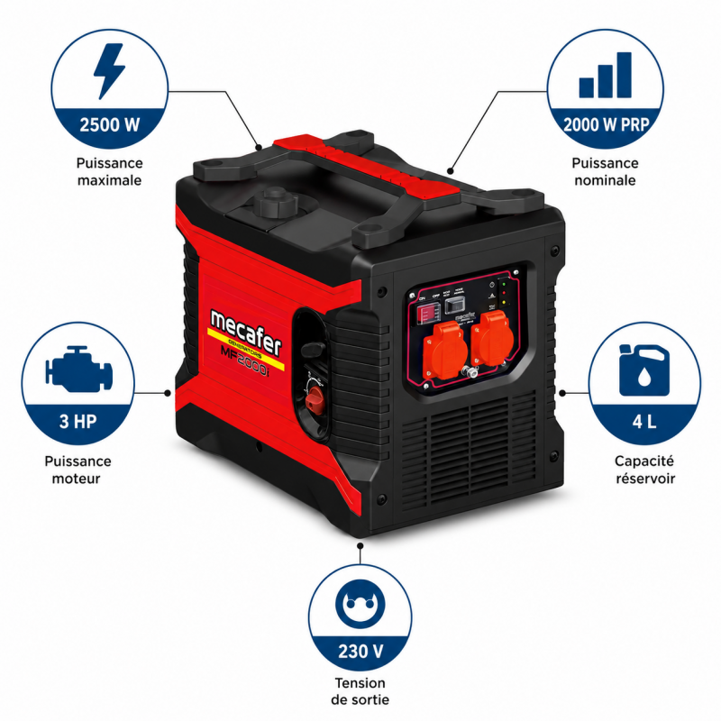 Mecafer Groupe Electrogene Inverter Essence 2500W Reservoir de 4 L, Mecafer Kobleo