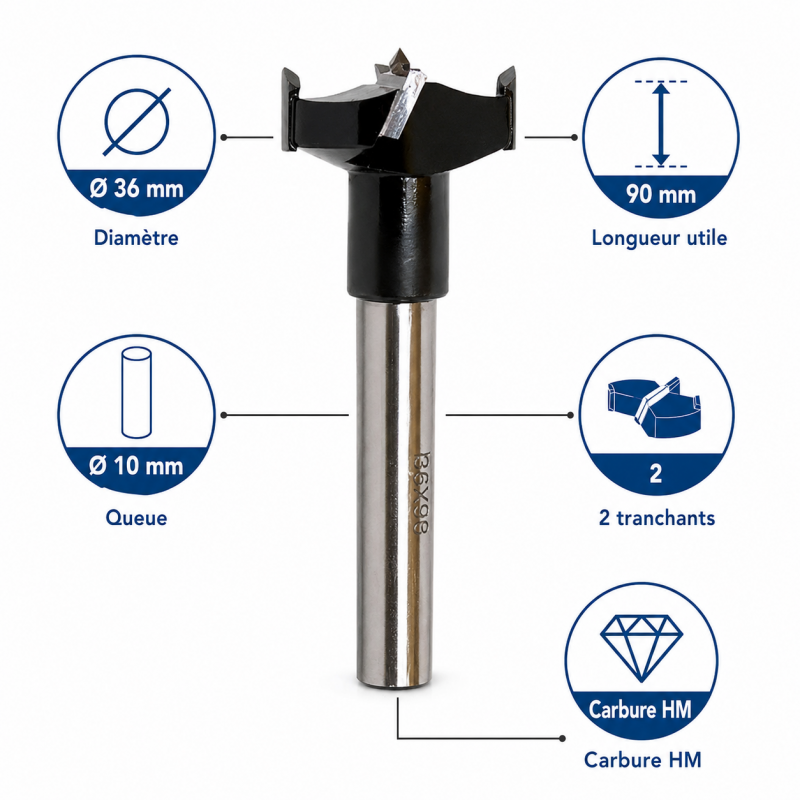 Leman Meche a Bois au Carbure HM a Fond Plat D. 36 mm Pro, Leman Kobleo