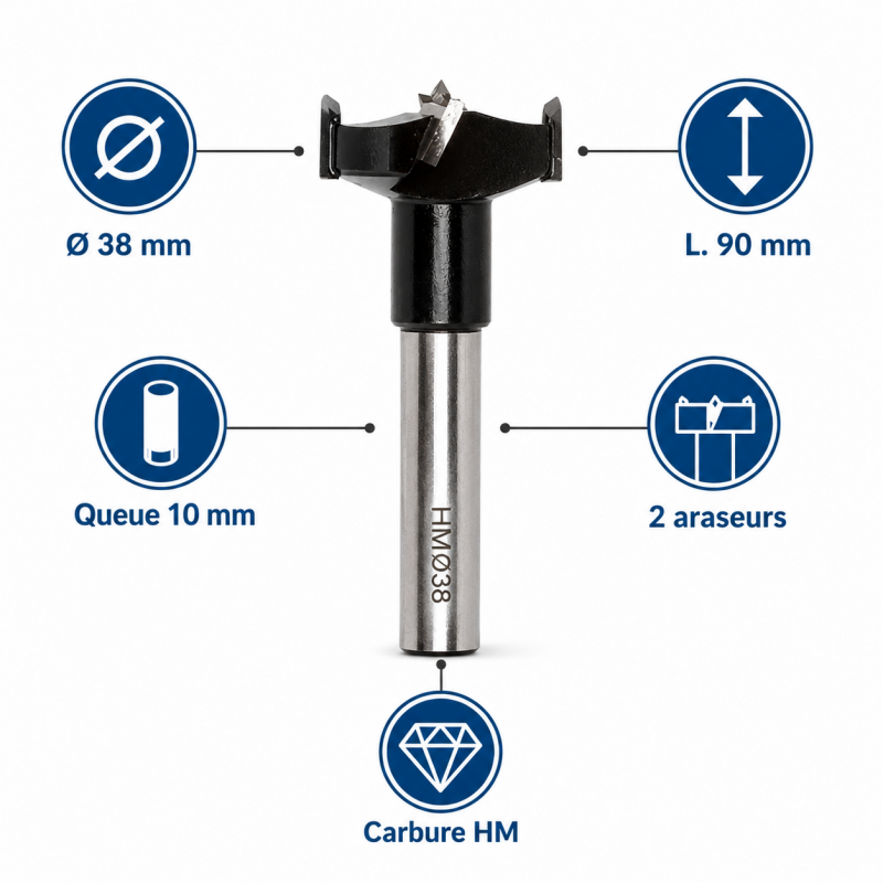Leman Meche a Bois au Carbure HM a Fond Plat D. 38 mm Pro, Leman Kobleo