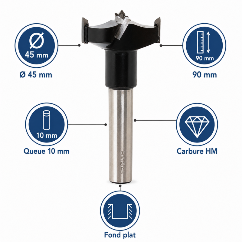 Leman Meche a Bois au Carbure HM a Fond Plat D. 45 mm Pro, Leman Kobleo