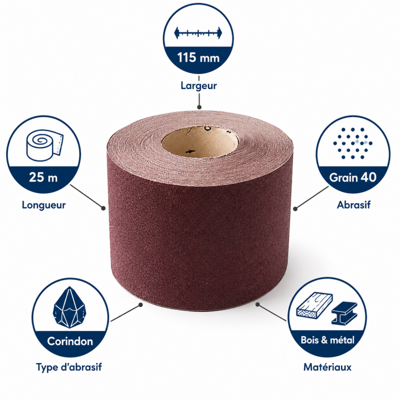 Leman Rouleau Abrasif Toile 115 mm x 25 m Grain 40 Bois, Leman Kobleo