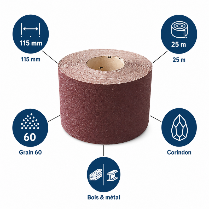 Leman Rouleau Abrasif Toile 115 mm x 25 m Grain 60 Bois, Leman Kobleo