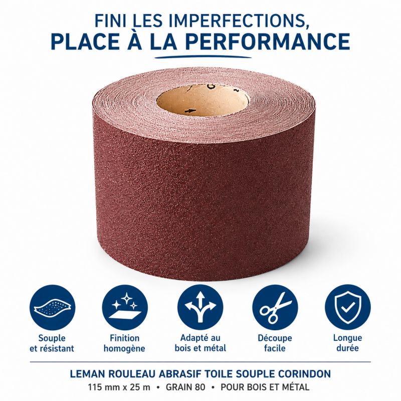 Leman Rouleau Abrasif Toile 115 mm x 25 m Grain 80 Bois, Leman Kobleo