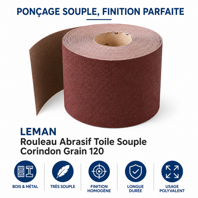 Leman Rouleau Abrasif Toile 115 mm x 25 m Grain 120 Bois, Leman Kobleo