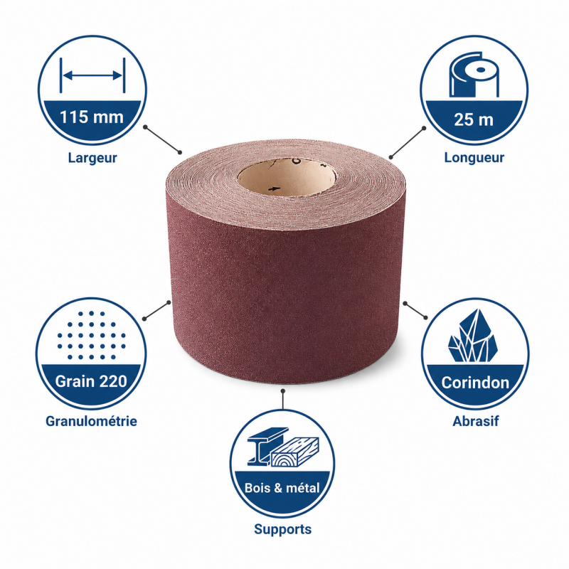 Leman Rouleau Abrasif Toile 115 mm x 25 m Grain 220 Bois, Leman Kobleo