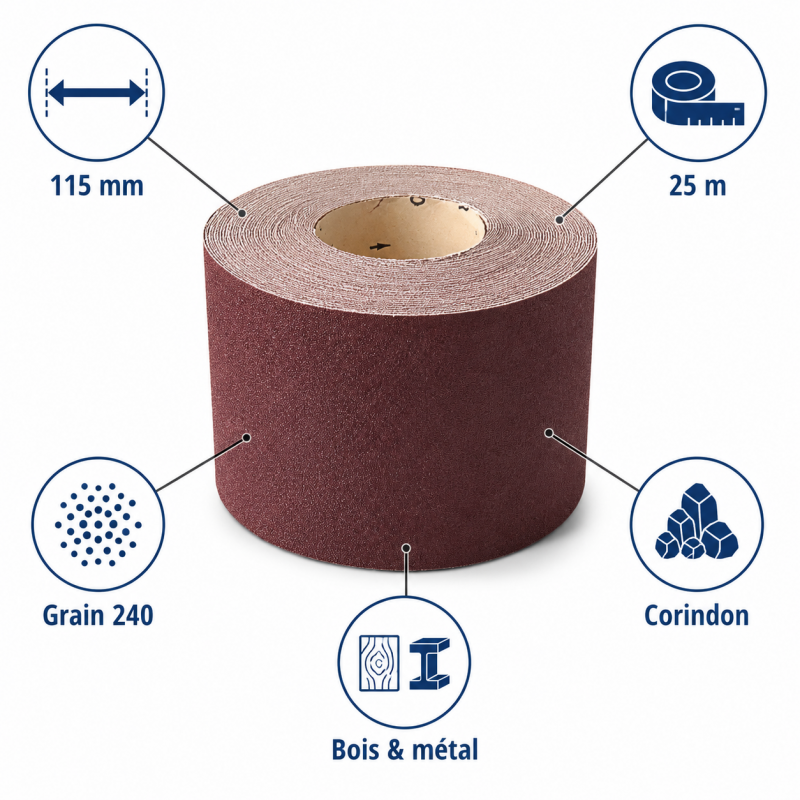 Leman Rouleau Abrasif Toile 115 mm x 25 m Grain 240 Bois, Leman Kobleo