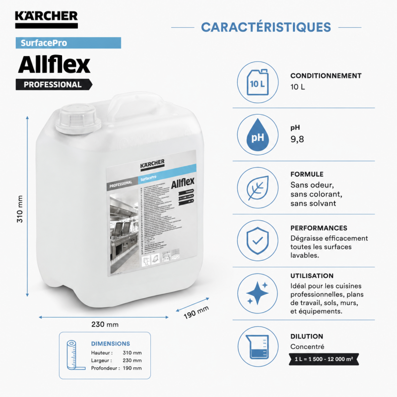 Karcher Detergent d'Entretien SurfacePro Allflex 10 L sans Odeur, Karcher Kobleo