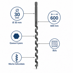 Leman Meche Helicoidale a Bois D. 30 mm Queue 6 Pans, Leman Kobleo