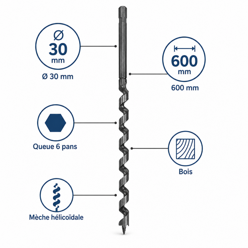 Leman Meche Helicoidale a Bois D. 30 mm Queue 6 Pans, Leman Kobleo