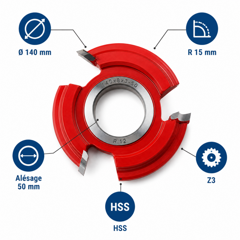 Leman Fraise Quart de Rond HSS R. 15 mm Toupie, Leman Kobleo