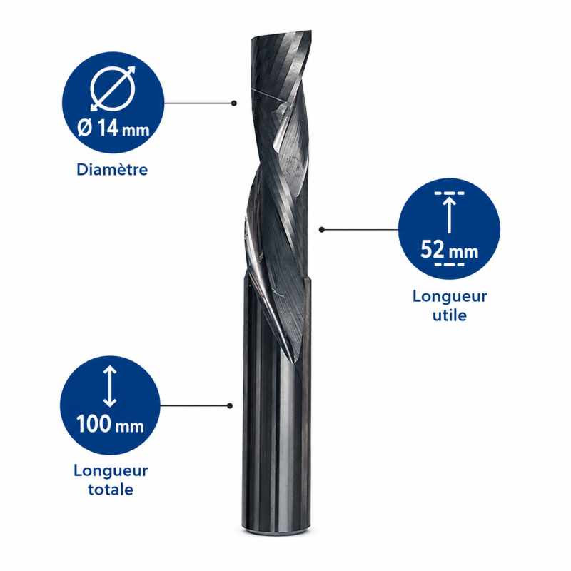 Leman Fraise CNC Carbure D. 14 mm LU. 52 mm Spirale, Leman Kobleo