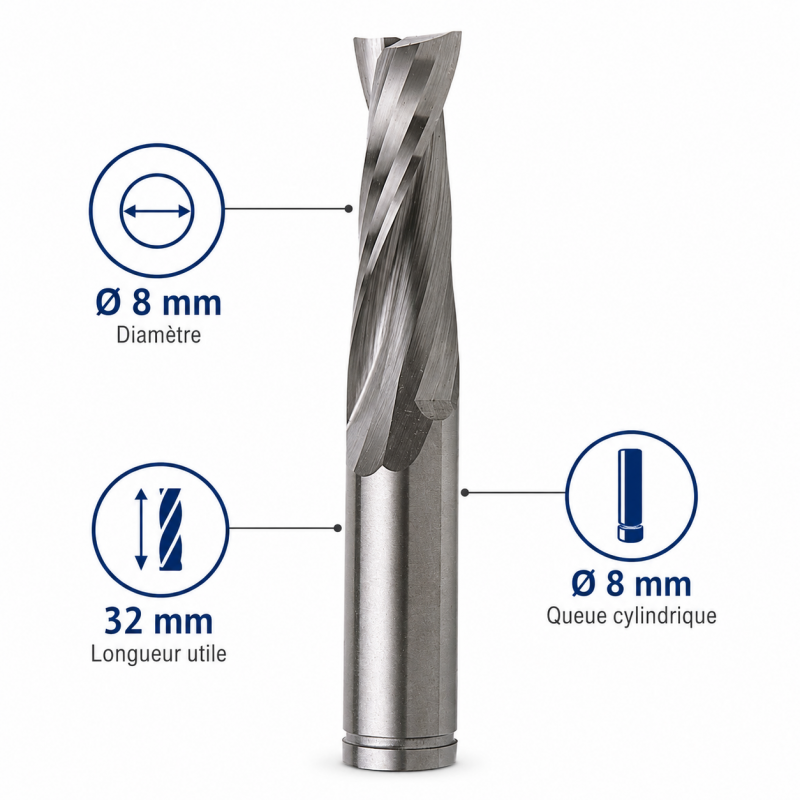 Leman Fraise Defonceuse Carbure D. 8 mm LU. 32 mm, Leman Kobleo