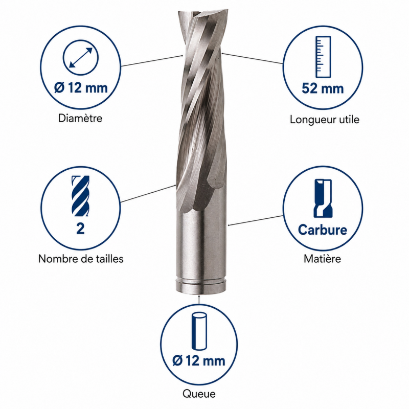 Leman Fraise Defonceuse Carbure D. 12 mm LU. 52 mm, Leman Kobleo