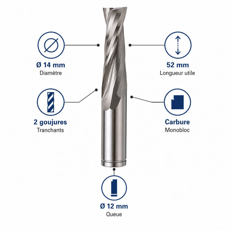 Leman Fraise Defonceuse Carbure D. 14 mm LU. 52 mm, Leman Kobleo