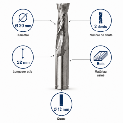 Leman Fraise Defonceuse Carbure D. 20 mm LU. 52 mm, Leman Kobleo