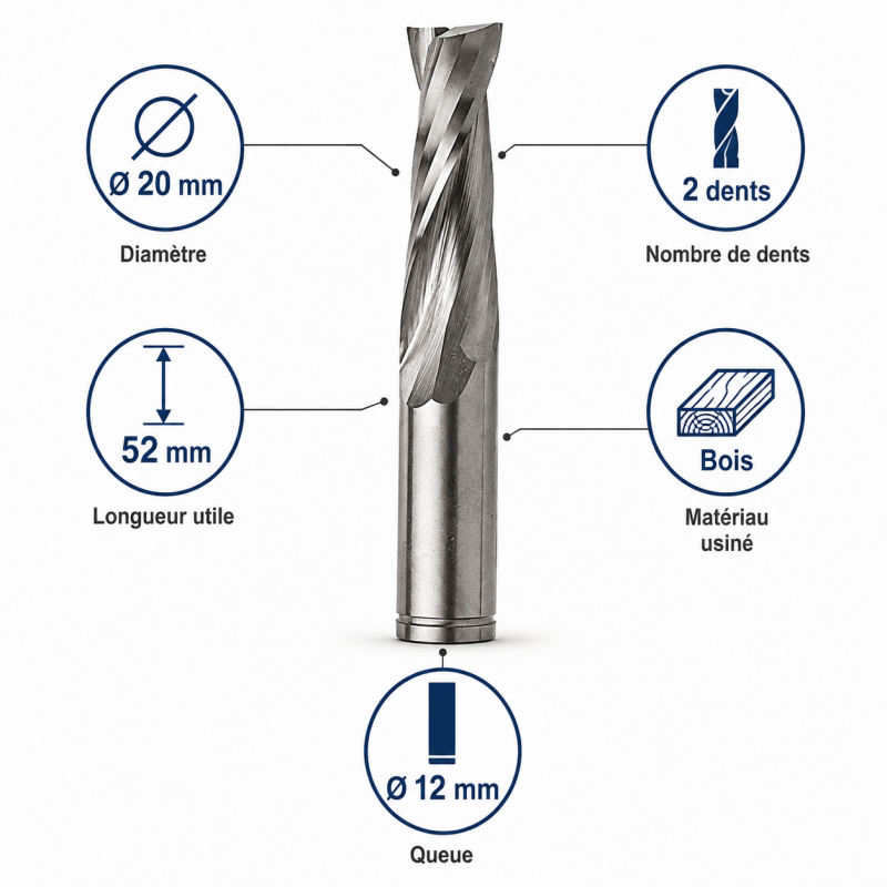 Leman Fraise Defonceuse Carbure D. 20 mm LU. 52 mm, Leman Kobleo
