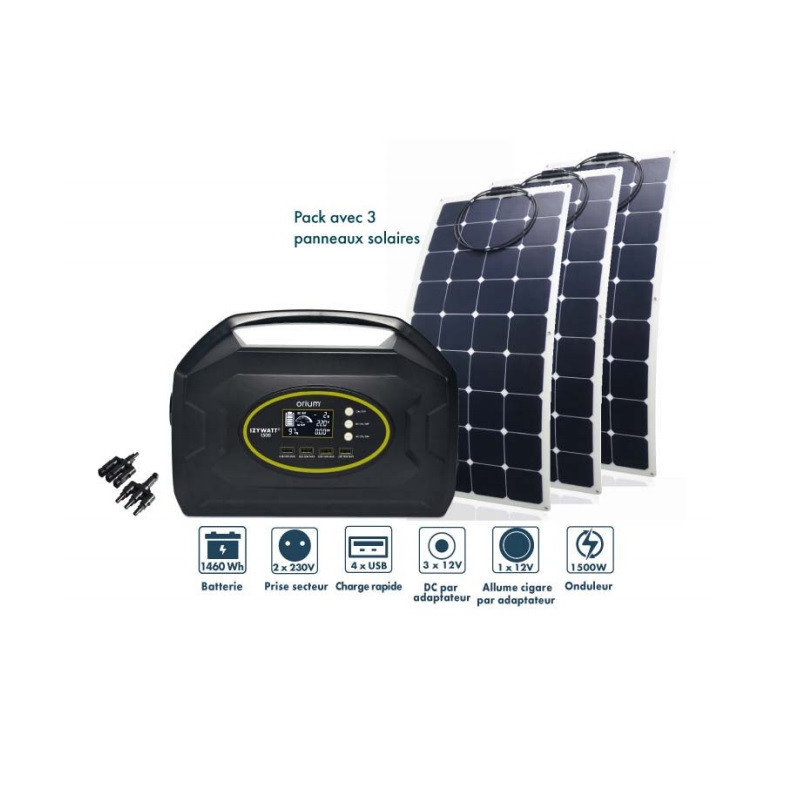 Orium Pack station d'énergie Izywatt 1500 et 3 panneaux solaires souple 120W Kobleo Orium Pack station d'énergie Izywatt 1500 et 3 panneaux solaires souple 120W Kobleo