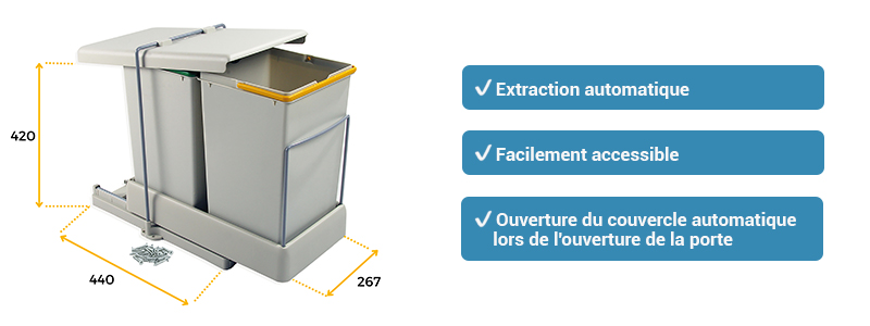 Emuca - Poubelle de recyclage, fixation infrieure, extraction et couvercle automatique, 2 conteneurs de 14 litres