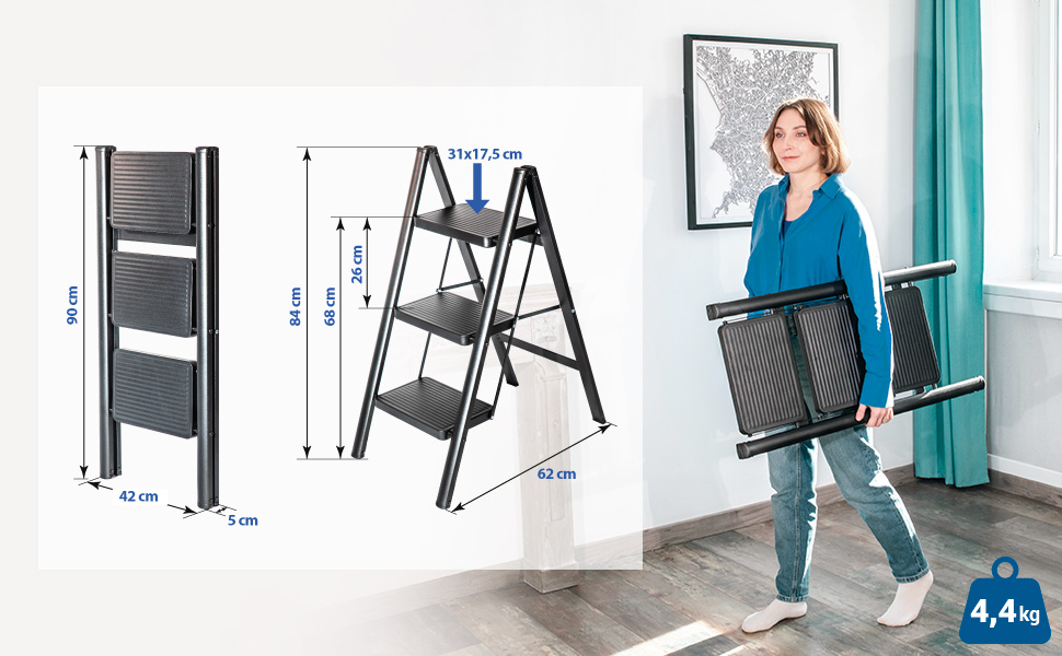 Escabeau 3 marches FOLDPACT3, Marche pied pliable, Design ultra-compact, Marches larges 17,5 cm, Acier, Etagère temporaire, Garantie 5 ans, Hostrom